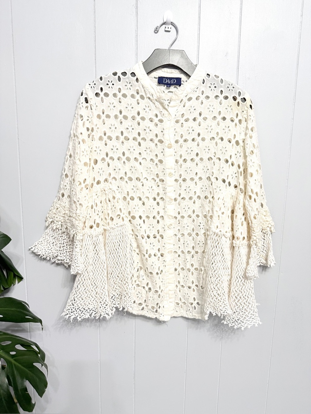 #18)  Cream Eyelet Button-Front Blouse with Raw-him
